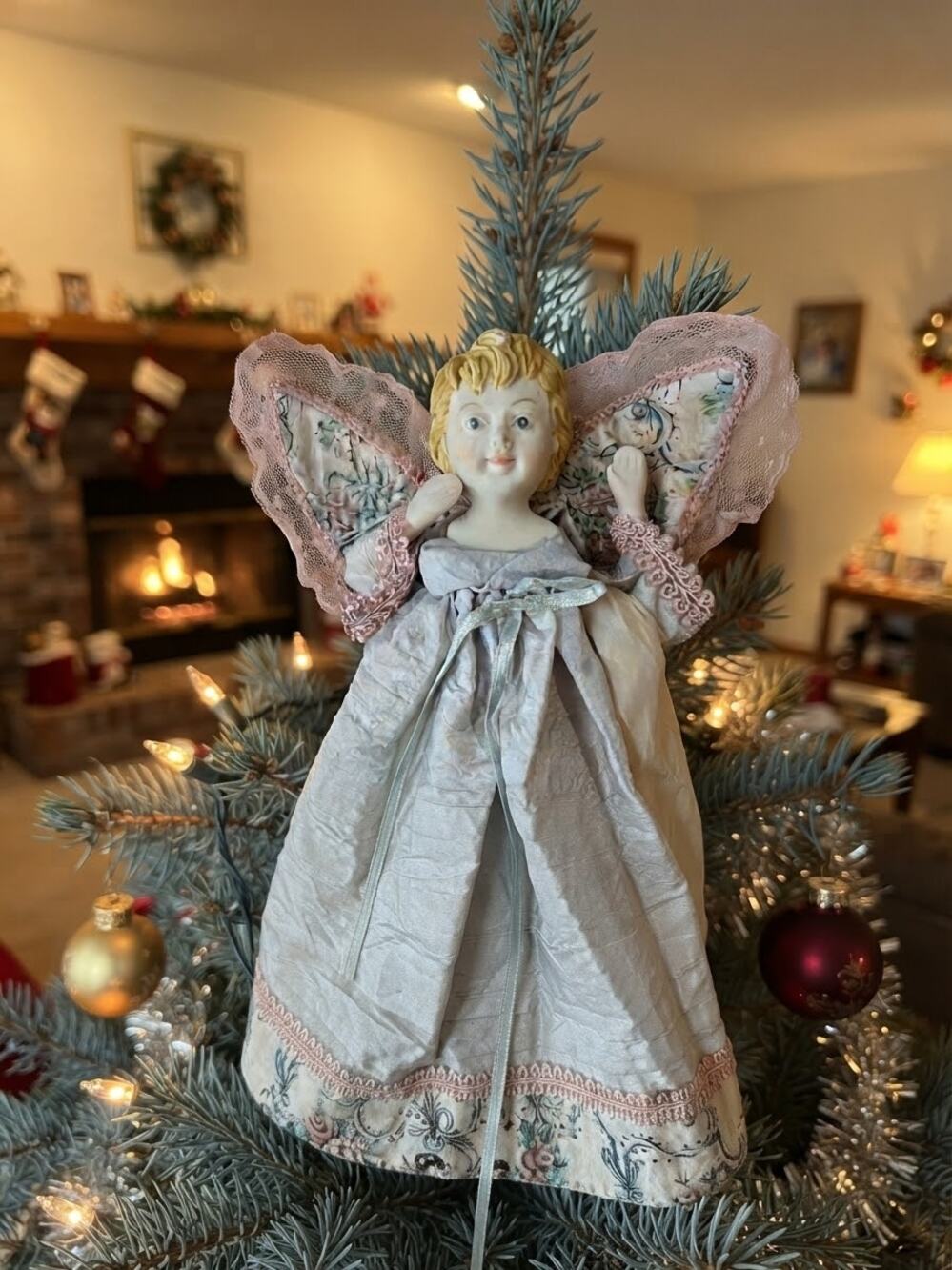 Vintage 10"Christmas Tree Topper Angel Porcelain Face Quilted Floral Wings Dress